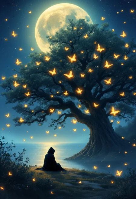 A captivating digital fantasy art piece showcasing a solitary figure, cloaked and silhouetted, sitting beneath a massive, ancient tree near a serene body of water. The tree is adorned with numerous glowing butterflies, casting an ethereal warm glow. A colossal, luminous moon dominates the night sky, bathing the scene in soft, orange light. Scattered across the sky are more glowing butterflies, adding to the magical and dreamlike ambiance. The atmosphere is tranquil, peaceful, and slightly mysterious, evoking a sense of wonder and contemplation. The artwork is reminiscent of styles utilized by artists who specialize in evocative landscapes, atmospheric perspective, and lighting, while incorporating elements of Japanese art and fantasy illustration. Rendered with an emphasis on atmospheric perspective, the color palette includes cool blues, illustration, vibrant, painting, cinematic