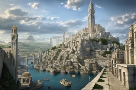 (masterpiece:1.2), (best quality,:1.2), 8k, HDR, ultra detailed, ((photorealistic)), professional light, cinematic lighting, fashion photography, ambient lighting, atmospheric effects, Numenor, a medieval fantasy city at the ocean, a big harbour, some ships, statues, towers, walls, <lora:Numenor-10:1>, in the style of Middle Earth, Tolkien, Minas Tirith, epiCPhoto