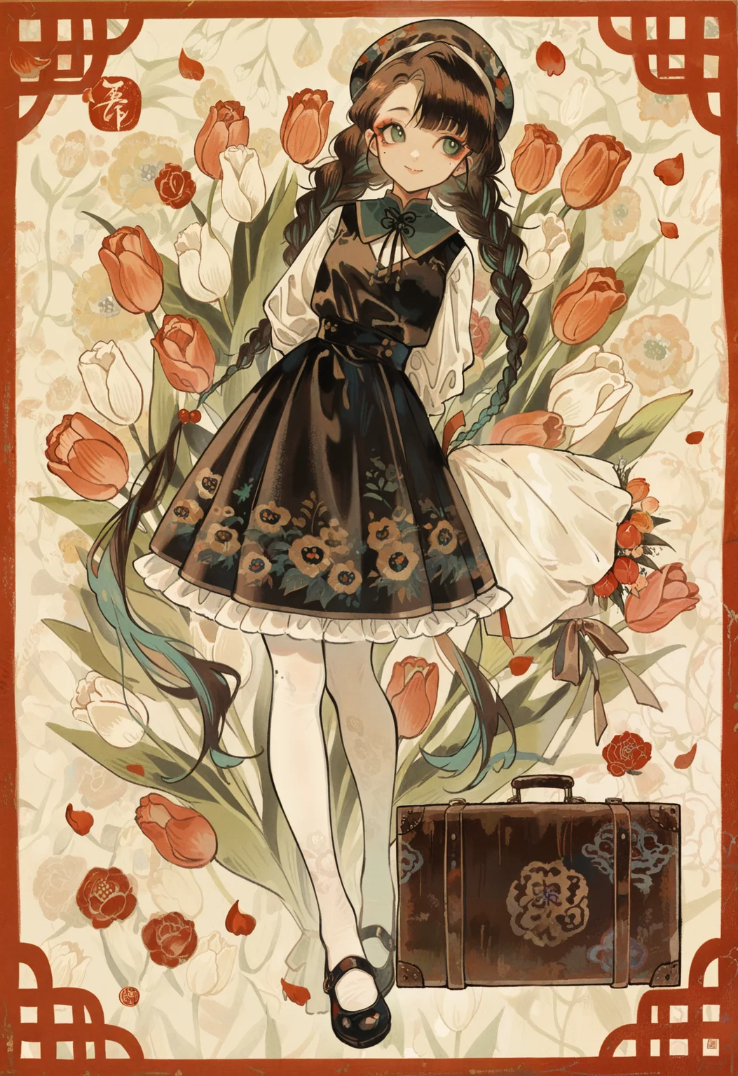 1girl, aqua hair, arms behind back, asymmetrical bangs, bouquet, braid, brown hair, chinese clothes, red eyeshadow, floral background, floral print, flower, frills, border, green eyes, looking to the side, makeup, mary janes, mole, mole under eye, pantyhose, petals, pinafore dress, shoes, smile, suitcase, tulip, twin braids, very long hair, white pantyhose, 
masterpiece, best quality, amazing quality, absurdres, newest, 
<lora:tsubonari:1>