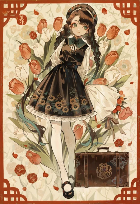 1girl, aqua hair, arms behind back, asymmetrical bangs, bouquet, braid, brown hair, chinese clothes, red eyeshadow, floral background, floral print, flower, frills, border, green eyes, looking to the side, makeup, mary janes, mole, mole under eye, pantyhose, petals, pinafore dress, shoes, smile, suitcase, tulip, twin braids, very long hair, white pantyhose,
masterpiece, best quality, amazing quality, absurdres, newest,
<lora:tsubonari:1>