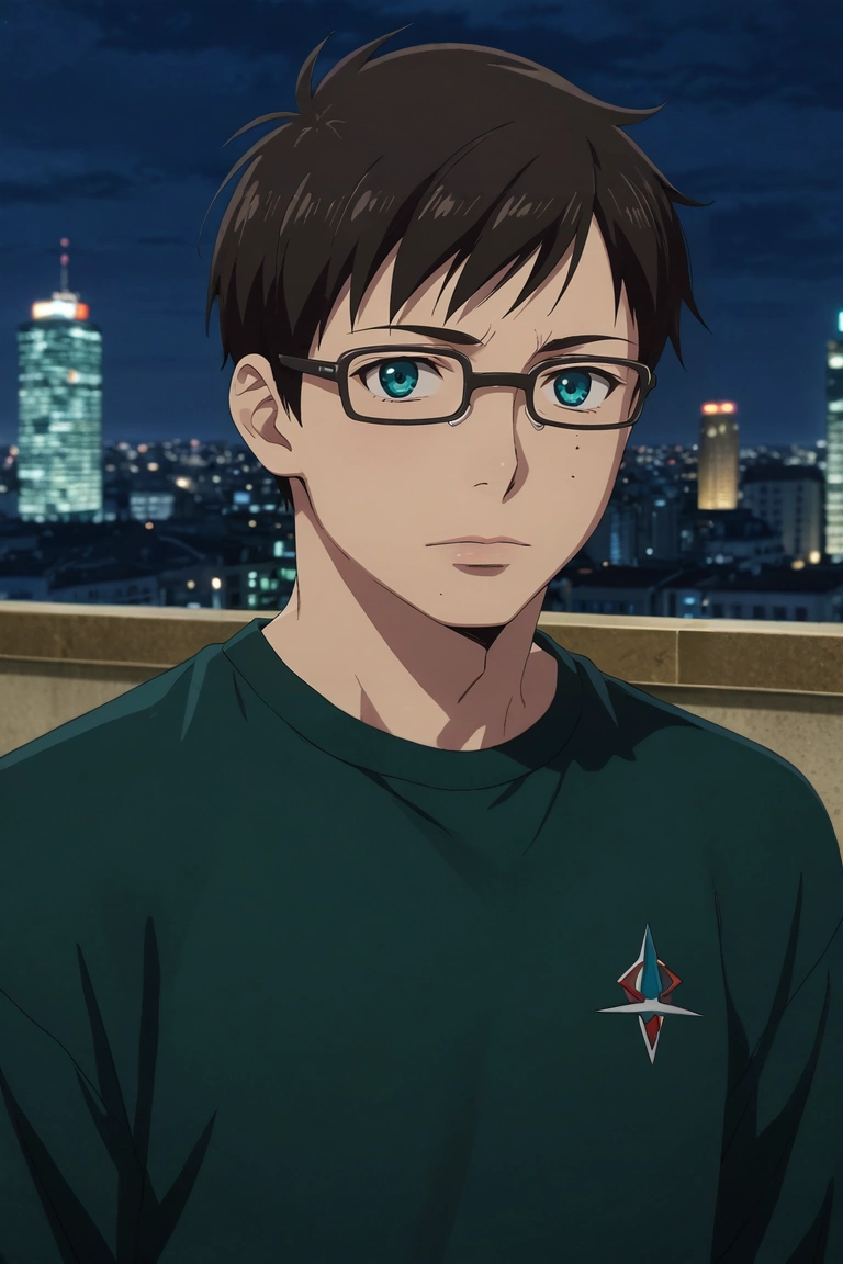 score_9, score_8_up, score_7_up, source_anime, rating_safe, intricate details, (3d:0.4), looking at viewer, depth of field, 1boy, solo, male focus, <lora:yukio_okumura_pony:0.9>, yukio_okumura, black hair, blue eyes, mole, mole under eye, glasses, black-framed eyewear, from side, city, city lights, indoors, dark, knees up, expressionless, male Adolescence Sleek, Russian, Turquoise eyes, Unique Ears, Hawk-like Nose, Cleft Chin, Underbite Jaw, Dimpled Cheeks, Curved Forehead, Unusual face shape, Sculpted Shoulders, , Indigo Flat top hair, Sadness, wearing Animal print Performance leggings, Chenille Light green Long-sleeve shirt, Oxfords, ,, Leaning back with hands behind head, showing relaxation, <lora:sdxl_lightning_8step_lora:1>