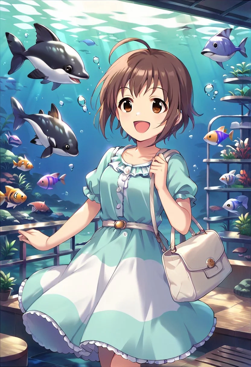 score_9, score_8_up, score_7_up, source_anime,wakiyama tamami, short hair, ahoge, brown hair, brown eyes, 1girl, smile, aquarium, bag, dress, fish, open mouth, solo, dolphin, :d
