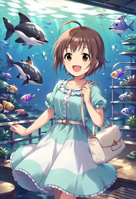 score_9, score_8_up, score_7_up, source_anime,wakiyama tamami, short hair, ahoge, brown hair, brown eyes, 1girl, smile, aquarium, bag, dress, fish, open mouth, solo, dolphin, :d