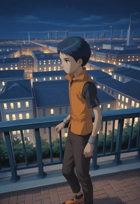 score_9, score_8_up, score_7_up, score_6_up, masterpiece, best quality, amazing quality, best aesthetic, absurdres, intricate details, detailed face, henry wong, blue hair, grey eyes, orange vest, black shirt, grey wristbands, dark brown trousers, black socks, standing on the balcony of the apartment, high above the city, his upper body leaning against the railing, side view, ultra highres, depth of field, chromatic aberration, caustics, Broad lighting, natural shading, outdoors, street, night, city lights, detailed buildings, bustling streets,