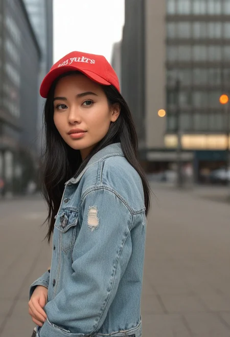 30yo woman posing for pic in front of tall building.
Blue eyes. small perfecteyes 
Wearing ripped Denim jacket red trucker hat
no makeup. Clear skin.  realistic skin style
Long dark black slick back hair. No makeup. Dusk, Street light. Looking at camera POV. Slight smile, tilting head.. Tilt head.
Medium Close Up shot. Bokeh. Bokeh light.