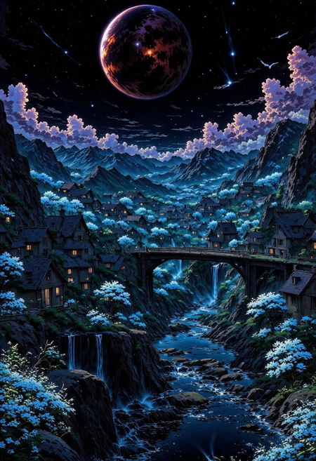 AnimeSky style, anime style, VibrantGlow style, high lighting, high quality, advanced quality render, high resolution, 4k, Valley of small snowy mountains, with various small medieval houses around, with a river that emanates a little light and steam that reaches the horizon, with a large bridge, with light clouds and a sunset of purple and blue tones, completely dark sky that has a planet with a ring of considerable size with reddish colors that emanates its own light covered by some clouds, stars, shooting stars, silhouettes of birds in the sky, magical luminescent plants that fill the valley and cherry trees