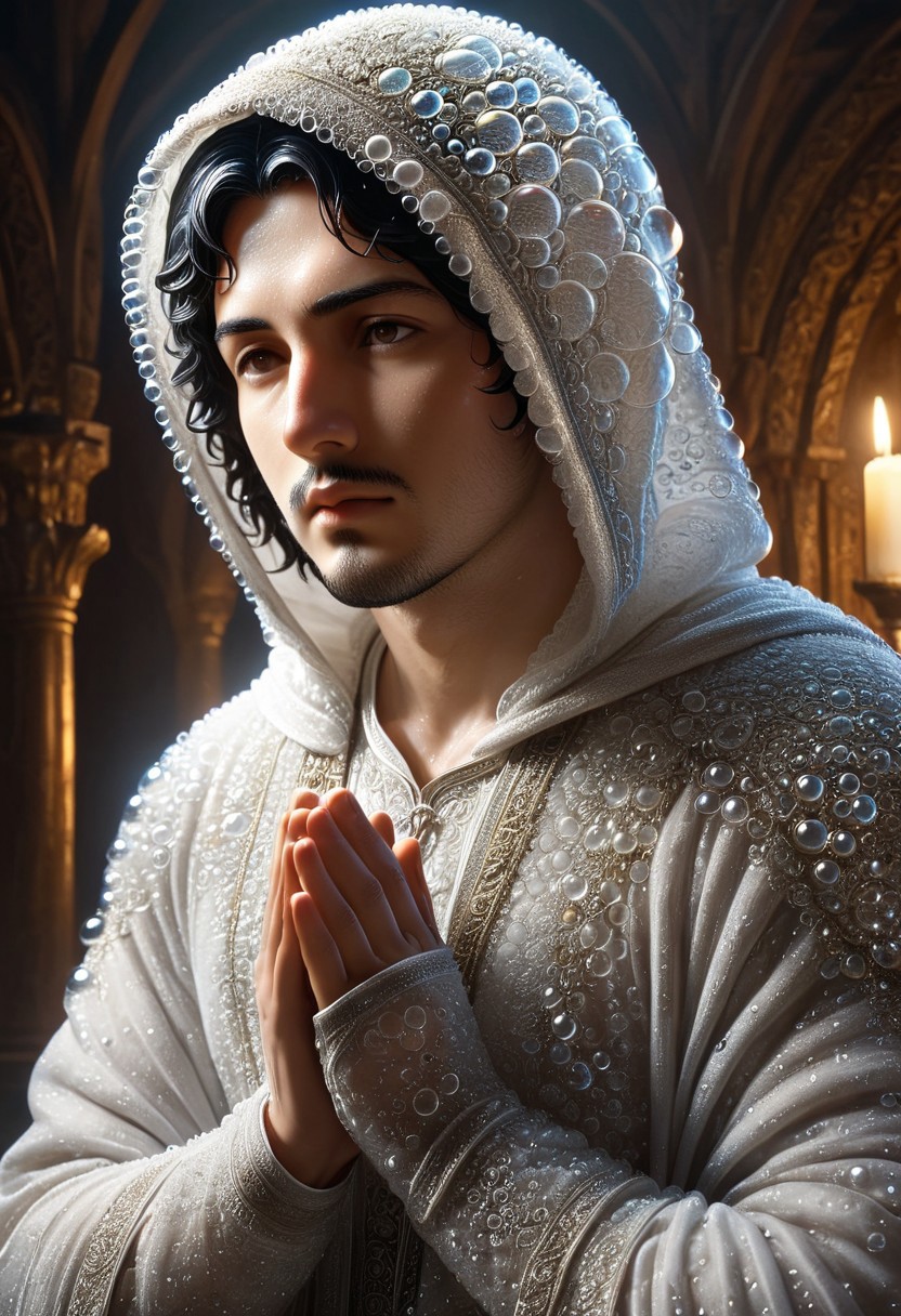 cinematic portrait, a man with hood praying statue made_of_bubbles, statue of torithor(1boy, bara, short hair, black hair, brown eyes, facial hair), intricate carvings covered with flower, dim candlelight flickering across weathered features, hyper-detailed fabric folds, volumetric fog, gothic atmosphere, 8k resolution, unreal engine 5, photorealistic, dramatic chiaroscuro lighting, bubbles, colorful bubbles