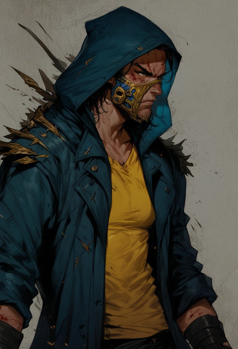 score_9, score_8_up, score_7_up, 1man, solo, 23 year old, serious, determined look, medium short hair, brown hair, wolverine haircut, shifter, dark blue jacket with yellow lines, hood mask, masked, yellow shirt, yellow mask with blue ears, pointy ears,blood, scars, slim body, easynegative