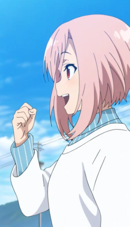 masterpiece,best quality,amazing quality,
<lora:yoshinokoharuNAI:1>,yoshinokoharu,
1girl,solo,pink hair,short hair,bangs,red eyes,white pullover,blue and white striped shirt,portrait,from side,open smile,raised fist,outdoors,day,blue sky,cloud,hill,power lines in the sky,depth of field,
