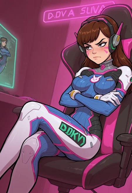 best quality,masterpiece,amazing quality,4k,1girl,solo,perfect girl,fit,d.va \(overwatch\),beautiful,headset,bodysuit,closed mouth,brown hair,gaming chair,annoyed,blush,neon lights,sitting,crossed arms,crossed legs,slim,dutch angle,medium breasts,sexy,long hair,<lora:CherryMouseStreetStyleIlluLYCO:0.6>,<lora:Parody_Cartoon_ILXL:0.4>,<lora:mrpotatoparty-guy90-Illust-Lycorisv1:0.3>,<lora:Akabur_Illustrious:0.5>,<lora:illustriousXL_stabilizer_v1.23:0.8>,