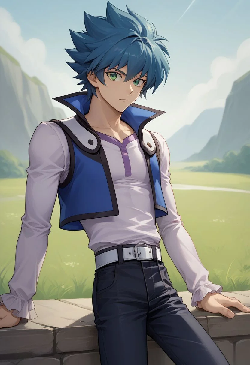score_9, score_8_up, source_anime, highly detailed, 1boy, solo, slender, skinny
jesse, 1boy, male focus, solo, green eyes, belt, duel academy uniform (yu-gi-oh! gx), blue hair, pants, vest, spiked hair, long sleeves,
outdoor,