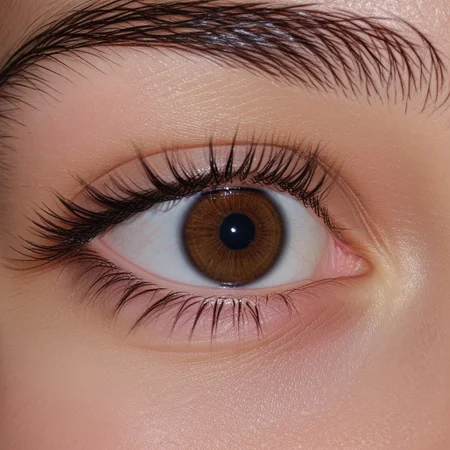 dark brown, small eyelashes, large pupil, hit by light