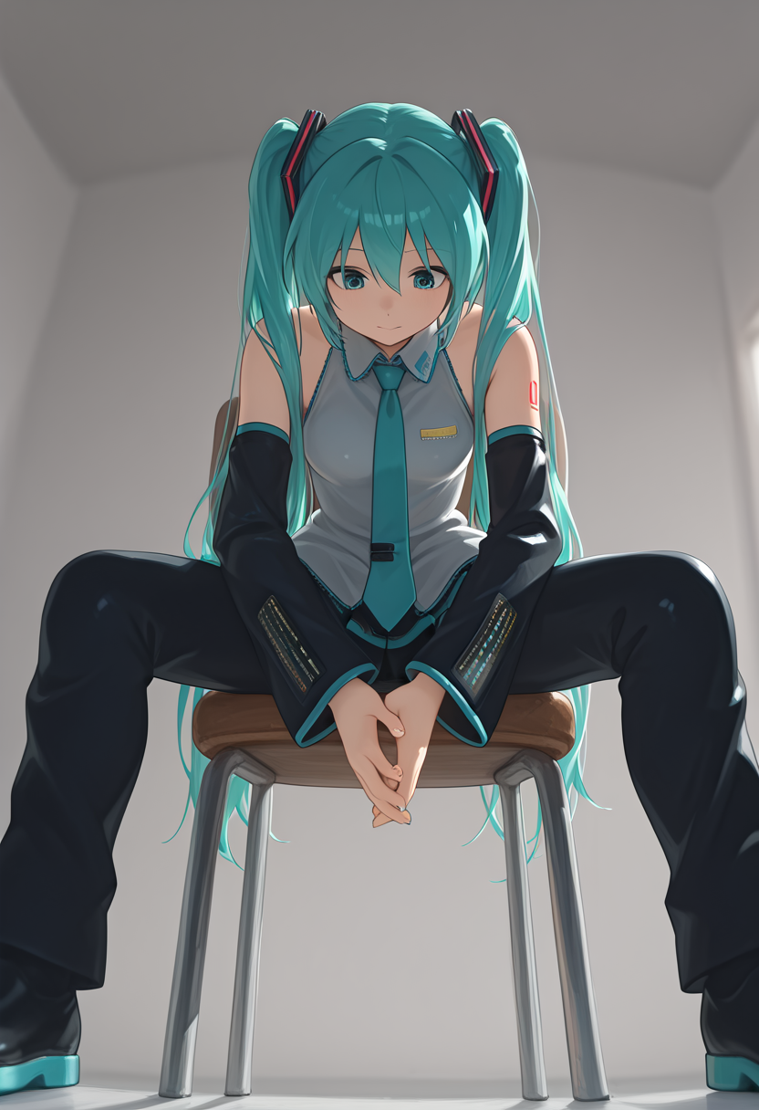 (masterpiece, high quality, amazing detail), highres, 1girl, hatsune miku, sitting, looking down, close mouth, chair, indoor, <lora:Kurapika_is_now_drowning_in_an_indescribable_emptiness-000009:1>
