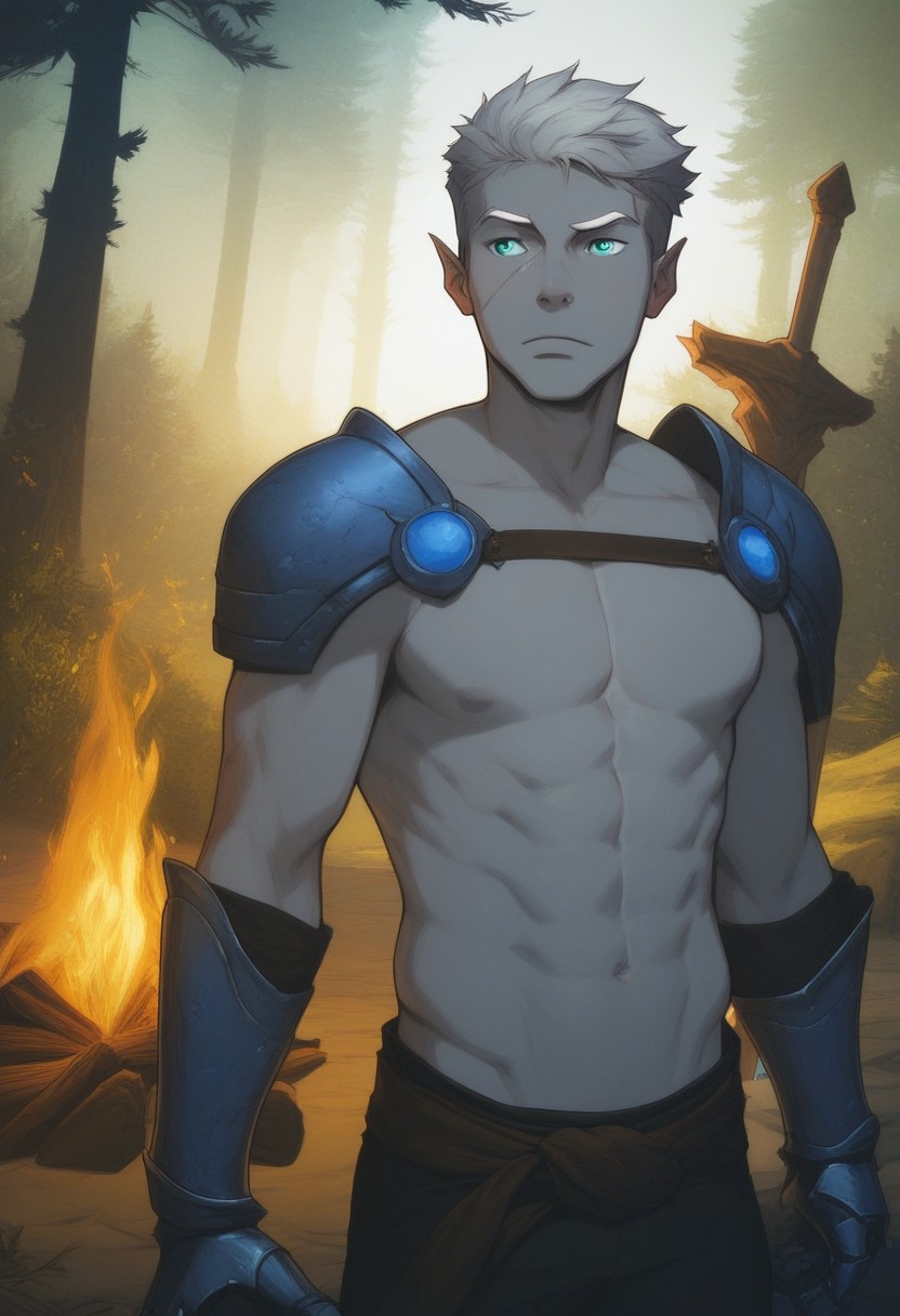 score_9, score_8_up, score_8, score_7_up, male, standing, 25 years old, mischievous, handsome, flirty, dominant, narrow mouth, (half_elf:0.5), dark elf, (((grey skin))), (((short white hair))), short cut sides, ((white eyebrows)), grey ears, pointed_ears:0.5, (pointed human ears), split eyebrow, eyebrow scar on left side of face, ((detailed turquoise eyes)), 1boy, solo, sexy, athletic, abs:0.5, (shirtless, chest strap), shoulder armor, gauntlets, (sword-over-shoulder, weapon over shoulder, crossguard hilt), vox machina style, solo, at night, warlock, fantasy, forest background, (dynamic lighting:1.1), campfire
((masterpiece)),