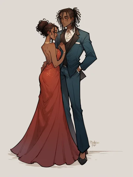 score_9, score_8_up, score_7_up, score_6_up, score_5_up,    <lora:p0tatooXLP:1> p0tatoo, dark skin, 1girl, dreadlocks, full body, evening gown, formal, 1boy,