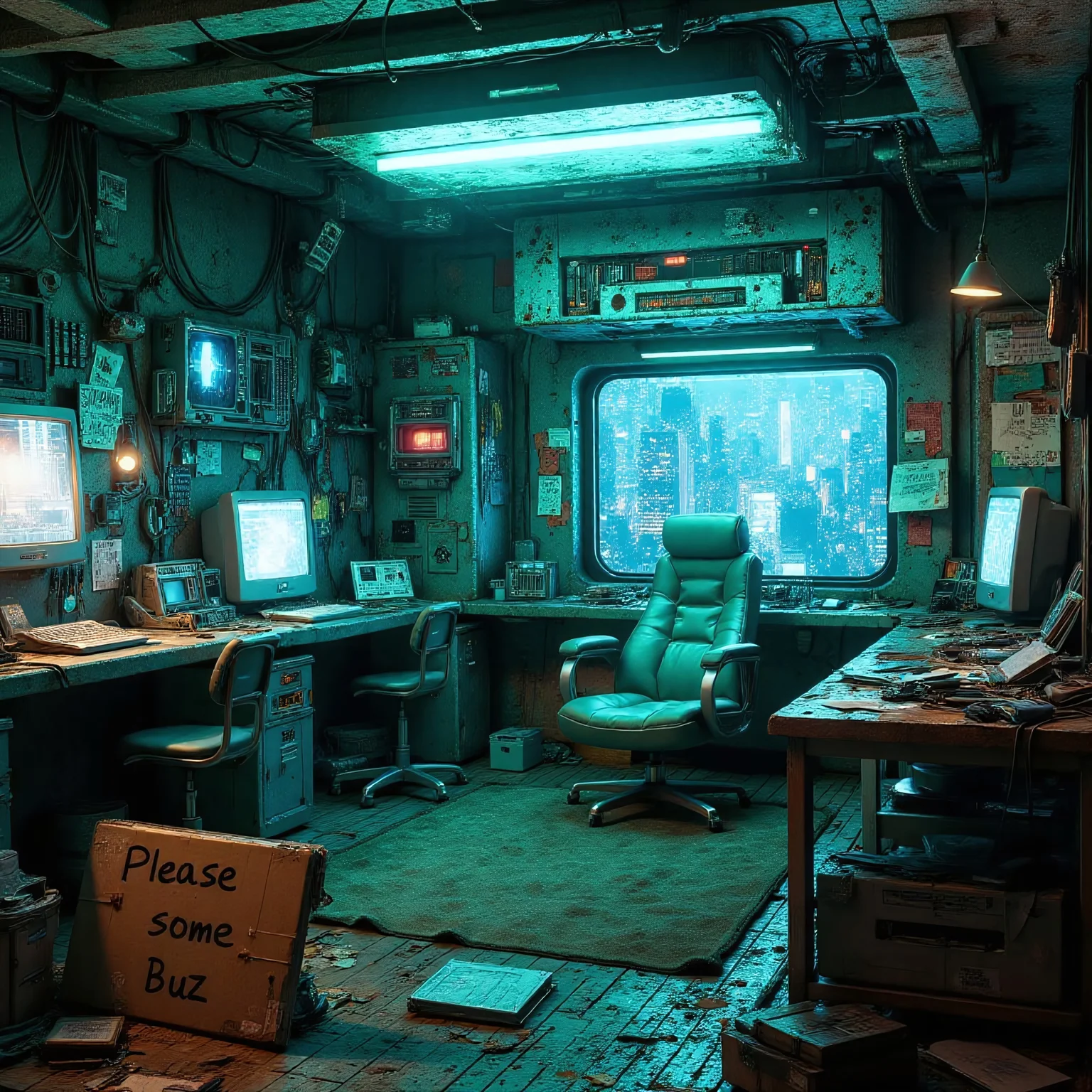 futuristic setting. inside a messy cyber-room is a green empty chair. there a futuristic computers and cables everywhere. a cyan glow is outside. in the room there is a futuristic messy table. on the floor there is a folding sign out of cardboard. on the sign is written "Please some buzz"