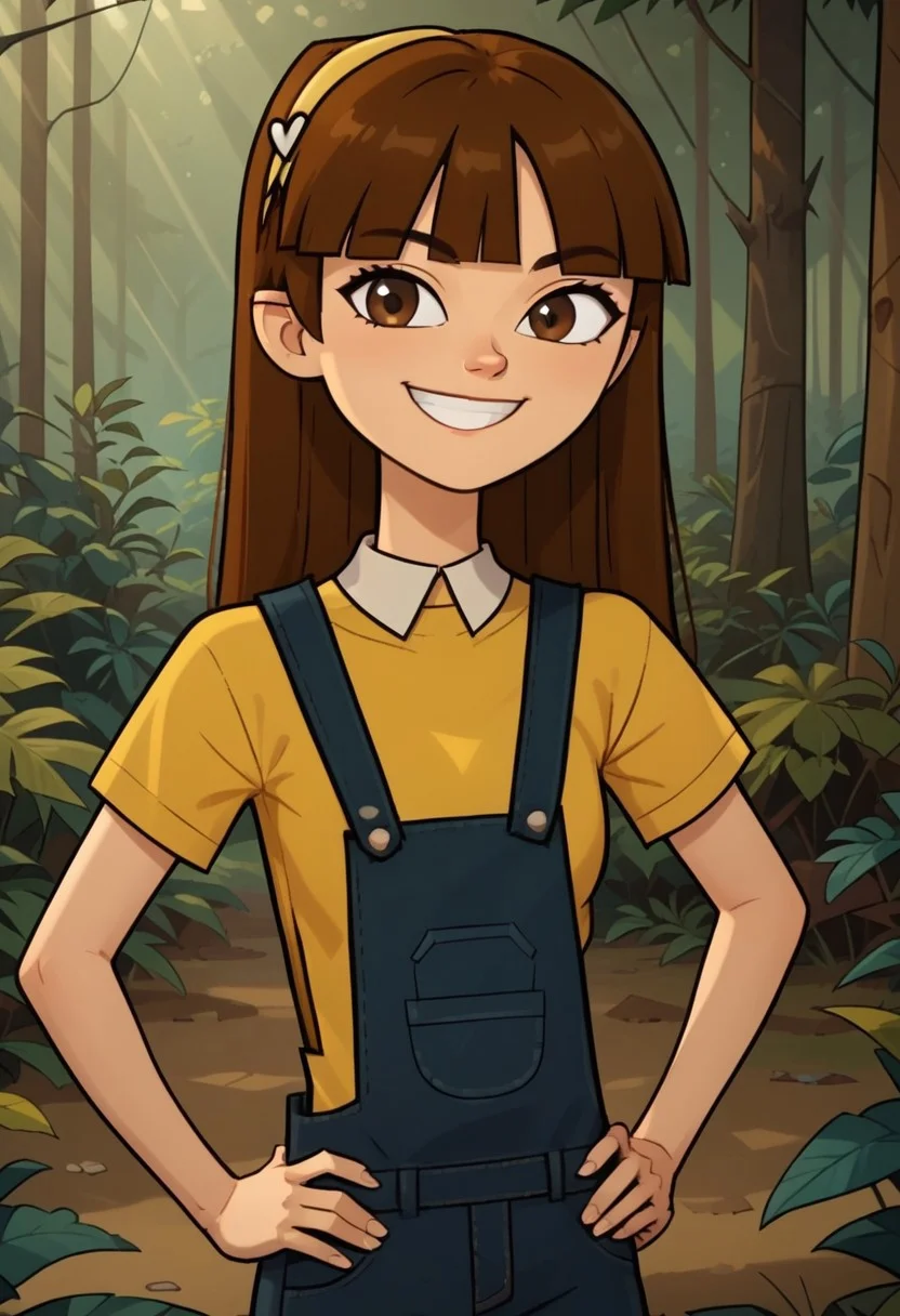 ((forest background)),score_9, score_8_up, score_7_up,score_6_up,
1girl, solo, Fiore_DC, light skin, brown eyes, dark brown hair, long straight hair, bangs, yellow headband with a white heart design, dark blue overalls, yellow shirt with a white collar, white socks, light yellow sports shoes, big eyes, medium stature, social smile, perfect eyes, perfect smile, looking at the viewer, detailed eyes, perfect eyes, standing, (front pose, bust shot, close up to face, face portrait:1) 5 fingers, perfect hands, hands on hips