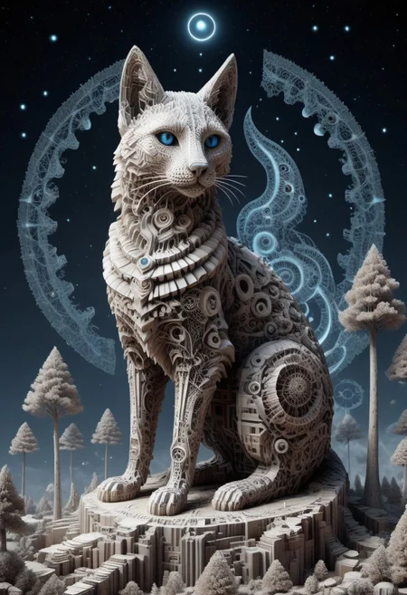 a liquid marble statue of Lunar Anubis (diaphanous lace), cat performing alchemy of etheral symbol quintessence, (one paw raised showing the eye of chemigram:1.1 eye of hamesh (with rays coming out of it), OverallDetail forging cluster astral keys, (negative space tetrahedral trees ((revelation of method,PStyl3 )),, (map QuinnMora, HaroldFiskMeander background:1.4), framesmade of checkerboard layer, , no human, ((sigil of pyramid, sigil of great power, frames cube FancyTurning:1.5), (three planes) X Y Z in occult space