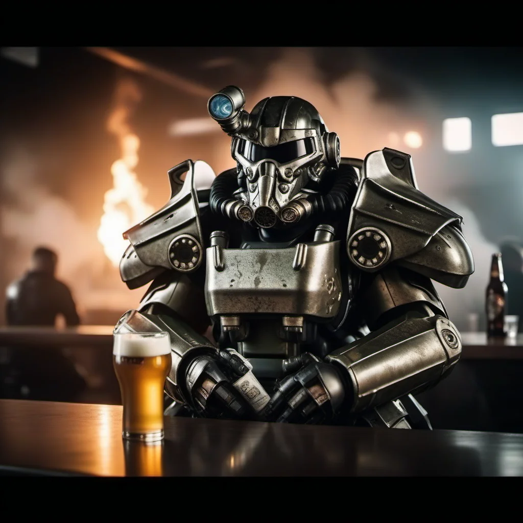 cinematic photo a futuristic armor, war drinking a beer in a pub, explosions, fire, smoke <lora:Fallout1024:0.7> . 35mm photograph, film, bokeh, professional, 4k, highly detailed