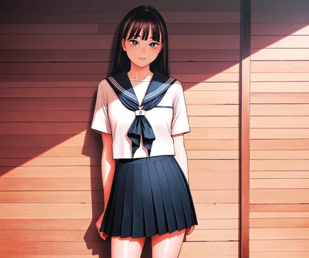 masterpiece, best quality, amazing quality, sfw, 1girl, solo, looking at viewer, sailor collar, shirt, pleated skirt, ã<lora:Higashiyama Show style ILL-v2:1> higashiyama_show