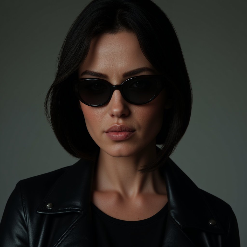 UHD, 4k, ultra detailed, cinematic, a photograph of  <lora:skin texture style v5:1>
a woman wearing oval shaped sunglasses and a leather jacket, perfect skin, detailed skin pore, realism style, perfect image, perfect body, perfect anatomy, sharp image, detailed image, high quality photography, skin texture style, solo, looking at viewer, short hair, shirt, black hair, jacket, black jacket, lips, sunglasses, portrait, forehead, leather, leather jacket, photorealistic, trinity from the matrix, epic, beautiful lighting, inpsiring