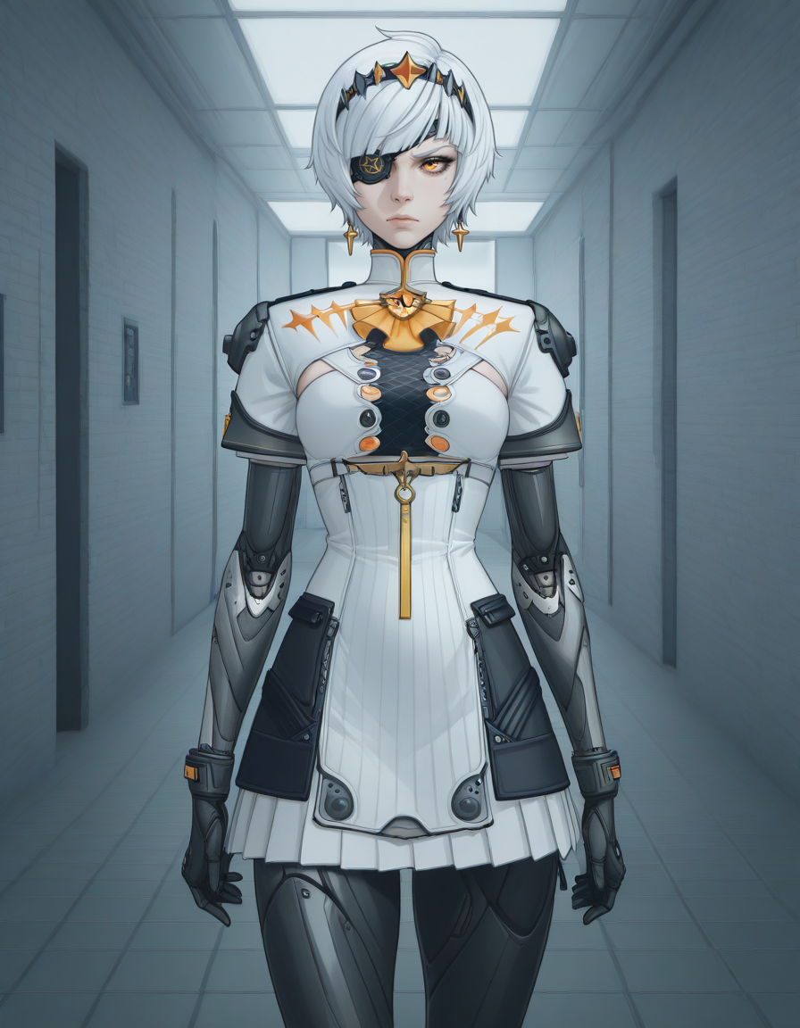 (masterpiece, best quality, ultra-detailed, absurdres, newest, detailed textures, correct anatomy:1), <lora:NeoArcanaIllustriousXL:0.25>, n3oarc4na, <lora:HardCrashIllustrious:0.25>, h4rdcrash, creepy aesthetic, <lora:NeonPunkIllustrious:0.25>, ne0npunk, <lora:CartoonimeNSFWBiblical:0.25>, c4rtoonime, solo, futuristic labaratory, complex background, 
<lora:Anby_Soldier_0_-_Zenless_Zone_Zero_ZZZ_-_Illustrious:1>, Anby Soldier 0, white hair, short hair, hair-band, star hair-band decoration, orange eye, high collar, star brooch, combat suit, chest mesh, short sleeves, black and white dress, black eyepatch, <lora:CyberneticsIllu:1>, female cyborg, cyber arms, cyber legs, glaring