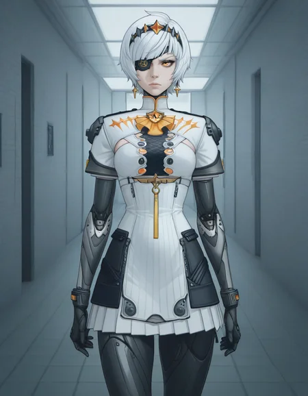 (masterpiece, best quality, ultra-detailed, absurdres, newest, detailed textures, correct anatomy:1), <lora:NeoArcanaIllustriousXL:0.25>, n3oarc4na, <lora:HardCrashIllustrious:0.25>, h4rdcrash, creepy aesthetic, <lora:NeonPunkIllustrious:0.25>, ne0npunk, <lora:CartoonimeNSFWBiblical:0.25>, c4rtoonime, solo, futuristic labaratory, complex background, 
<lora:Anby_Soldier_0_-_Zenless_Zone_Zero_ZZZ_-_Illustrious:1>, Anby Soldier 0, white hair, short hair, hair-band, star hair-band decoration, orange eye, high collar, star brooch, combat suit, chest mesh, short sleeves, black and white dress, black eyepatch, <lora:CyberneticsIllu:1>, female cyborg, cyber arms, cyber legs, glaring