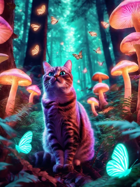 pet portrait of 1 chubby cat in a glowing forest with glowing mushrooms and glowing butterflies, hd, pet photography, distant portrait <lora:glowing_forest_pet_portrait-000004:1>
