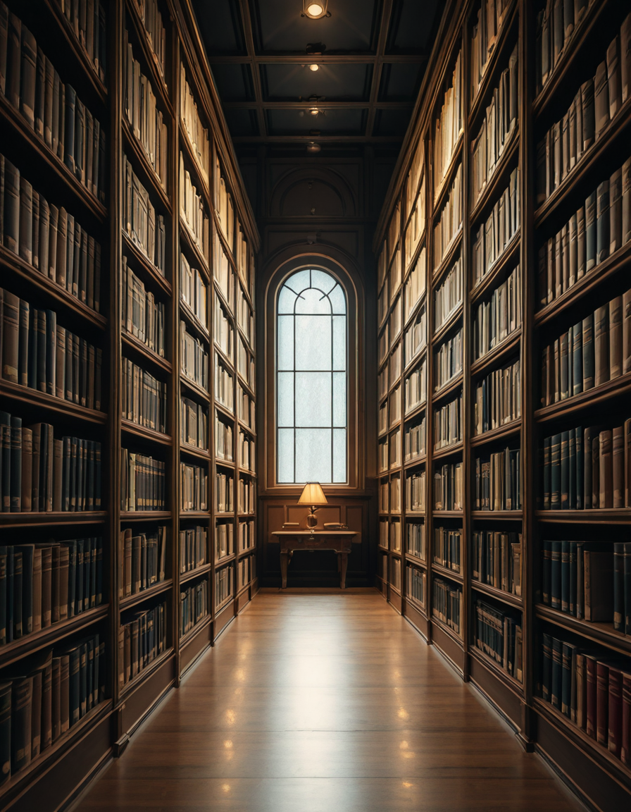 A quiet and dimly lit aisle in a grand university library, lined with tall wooden bookshelves filled with countless books of various sizes and colors. The shelves stretch high, nearly reaching the ceiling, with small ladders placed along the aisle for access to the upper rows. The soft glow of overhead lights casts a warm ambiance, illuminating the dust particles floating in the air. The floor is covered in polished hardwood or a subtle-patterned carpet, absorbing the quiet footsteps of visitors. At the far end of the aisle, a large window lets in a gentle stream of natural light, creating a contrast between the warm artificial glow and the cool daylight. Some books are slightly pulled out from the shelves, and a few are stacked on a nearby wooden table, suggesting recent use. The atmosphere is serene and intellectual, evoking a sense of knowledge, discovery, and timeless academia. The composition is symmetrical, drawing the eye down the center of the aisle, creating depth and perspective.
<lora:SDXLFaeTastic2400:0.4> <lora:extremely_detailed:0.4> extremely detailed, <lora:University_Library_41sl3-ill:1>,University Library 41sl3, Masterpiece,best quality,hi res,8k,hi res,8k,award winning,(sharp focus, intricate, highly detailed),