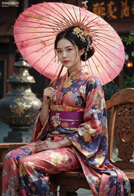 A stunning colored sketch in ink splats style, featuring a Japanese female warrior with long, flowing hair adorned with bangs and sidelocks, complemented by a delicate hair ornament. She sits gracefully in front of an intricately detailed Shinto shrine, her black and red plated armor gleaming with vibrant ink splats that add a dynamic flair to the scene. The warrior exudes strength and elegance, her posture relaxed yet poised, while the background showcases the serene beauty of the shrine, complete with traditional architectural elements and lush greenery. The atmosphere is enriched by a soft, ethereal glow, highlighting the contrast between the vibrant ink colors and the tranquil setting, creating a captivating and immersive visual narrative.​​​