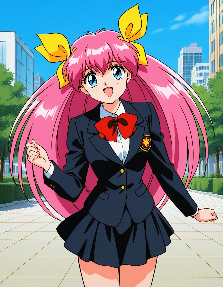 general,highres, ultra-detailed,very aesthetic,best quality ,best hands,  BREAK <lora:Hanasaki_Momoko_IS:1>Hanasaki_Momoko, 1girl,solo, long hair, pink hair, blue eyes, yellow bow, breasts, a, hair bow, twintails, very long hair, hair ribbon, 1990s (style),anime coloring, smile,looking at viewer, cowboy_Shot,
open mouth, black jacket, long sleeves, bow, school uniform, upper body, blazer, skirt, ribbon, shirt, bangs, looking at viewer, black skirt, happy,
outdoor, day, sky, city,