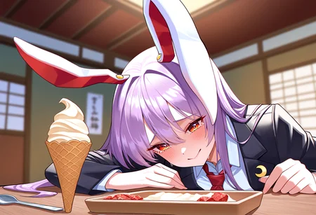 very awa, masterpiece, best quality, year 2024, newest, highres, absurdres, <lora:age_slider_v4:3> <lora:thicc_v1.4-pony:1.2>,detailed_background,indoors,sad,smile,food,purple hair,highres,blush,ice cream cone,red eyes,rabbit ears,animal ears,1girl,red necktie,white shirt,spoon,touhou,tearing up,prank,jacket,black jacket,shirt,absurdres,ice cream,mendou jun,necktie,rabbit girl,reisen udongein inaba,crying,blazer