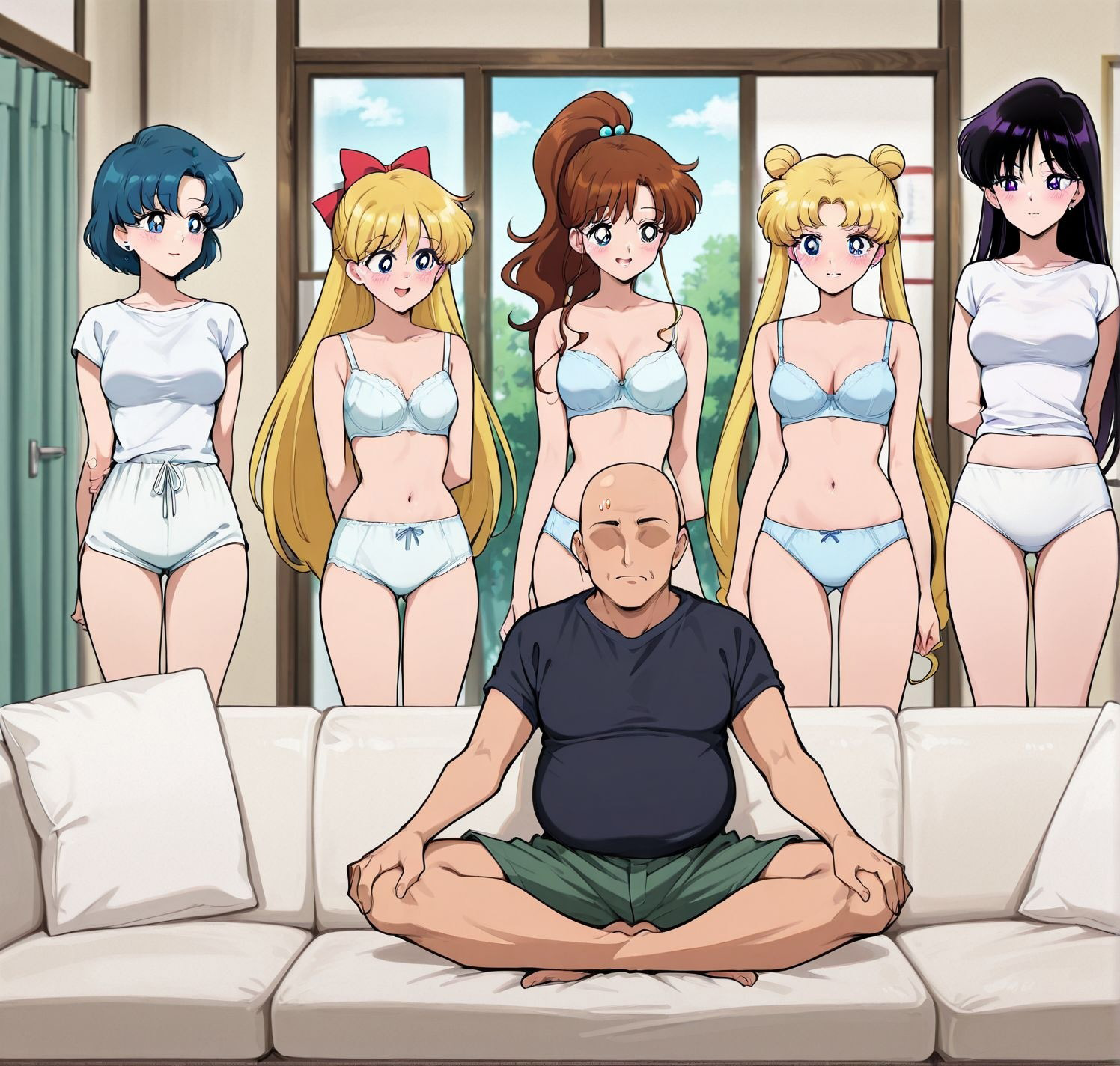 masterpiece, best quality, newest, absurdres, highres, detailed eyes, beautiful, detailed background, perfect eyes, anime coloring, anime screencap,
<lora:Piper_Perri_surrounded:0.8>Piper_Perri_surrounded,
Piper Perri surrounded ,   wide shot,
surrounded by five  female,5girls,1boy,
shirt,shorts,full body,underwear only, standing female, 
a boy sitting cross-legged on the couch,
both legs folded and crossed in front of her body,
BREAK
 tsukino usagi, twintails, 
mizuno ami,short hair, green hair, 
hino rei,  black hair, 
kino makoto,   brown hair, ponytail, 
aino minako, blonde hair, long hair, 
BREAK
faceless male,fat , (bald male:1.4), male focus,