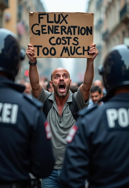 A photograph of a screaming, ragged, crying, strong angry madman protesting with a poster in his hands that says "FLUX GENERATION COSTS TOO MUCH", civitai police officers stand in the foreground with their backs to the viewer,