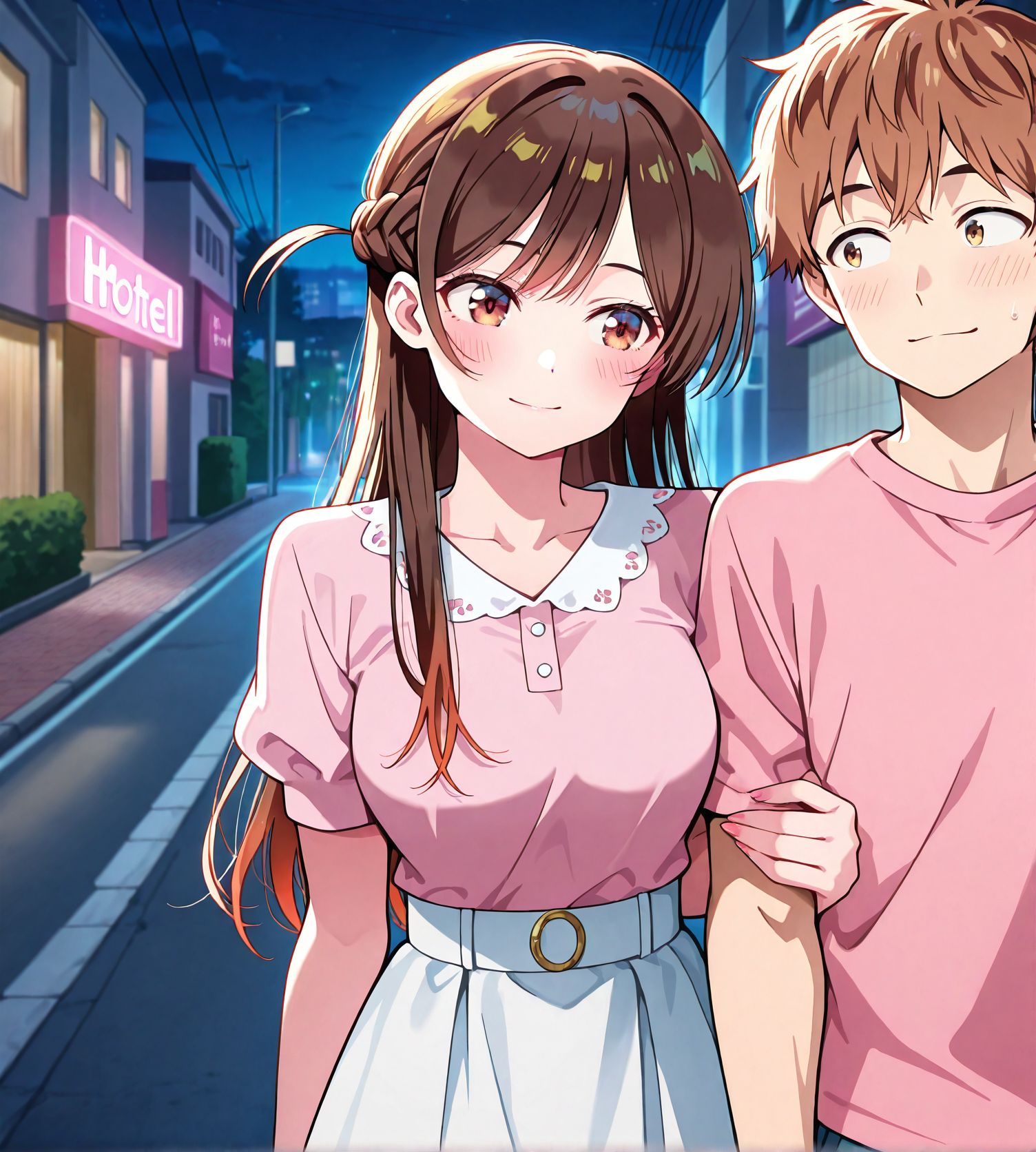<lora:add-detail-xl:0.5>,,masterpiece, best quality, newest, absurdres, highres, detailed eyes, beautiful, detailed background, perfect eyes, anime coloring, anime screencap,
<lora:sugar_dating:0.5>sugar_datingV1,
girl hooks her arm around the boy’s arm,night, walking,
1girl, 1boy, hetero,  light smile, facing viewer,  
outdoors, love hotel, street,sexually suggestive,
head lying on shoulders, A street lined with love hotels,
BREAK
<lora:kazuya-kinoshita-illustriousxl-lora-nochekaiser:1>, kazuya kinoshita,  brown hair, brown eyes, short hair,
kanojo okarishimasu, official style, 
mizuhara chizuru, long hair, 
skirt, shirt, short sleeves, puffy sleeves, puffy short sleeves, white skirt, pink shirt,
20YO, milf,adult female,