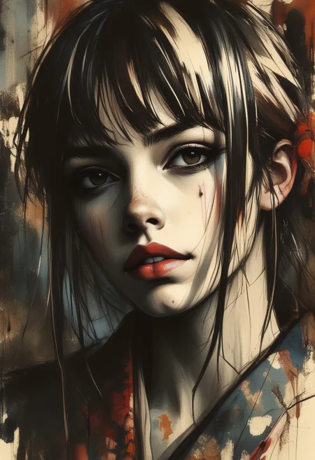 OBxiaoxiang, Inkplash art on rice paper, sepia, henna , inksketch, Silhouette Art, magnificent, dark background, inksplash portrait of stunning japanese woman, long dark hair with platinum streaks, sidelocks, bangs, seductive, sultry, lustful, red lips, direct gaze, light hitting one side of face, inksplash abstract background