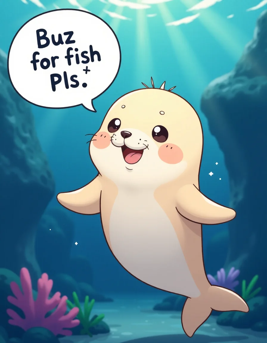anime artwork cute seal speech bubble that says " buzz for fish pls " , . anime style, key visual, vibrant, studio anime, highly detailed