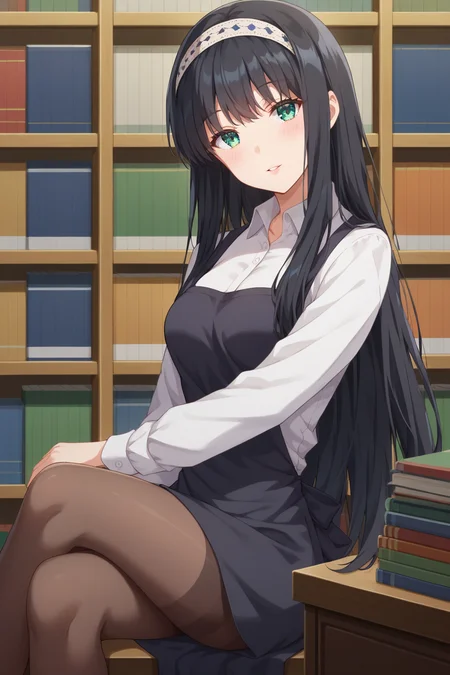 score_9, score_8_up, score_7_up, source_anime, 1girl, prefect lighting, very aesthetic, intricate details, highly detailed background, masterpiece, high quality, prefect hands, best quality, solo,
<lora:Shiori_Yomiuri_Days_with_My_Stepsister_V1:.85>, kjoshiori, green eyes, black hair, long hair, bangs, headband,
collared shirt, apron, black skirt, pantyhose,
sitting, crossed legs, head tilt, parted lips, seductive smile, blush, looking at viewer,
Store, bookshelf, bookstore,
(Beautiful, medium Breasts:1.2), natural breasts,