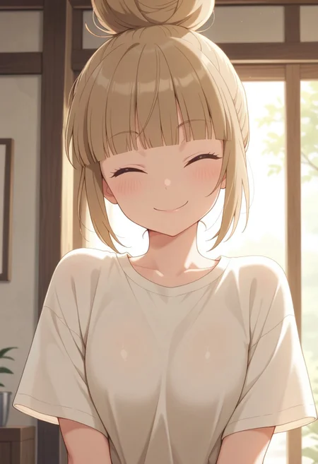 masterpiece,best quality,amazing quality,umenoki mitsuko, light brown hair, single hair bun, 1girl, solo, closed eyes, smile, hair bun, closed mouth, facing viewer, blunt bangs, shirt, indoors