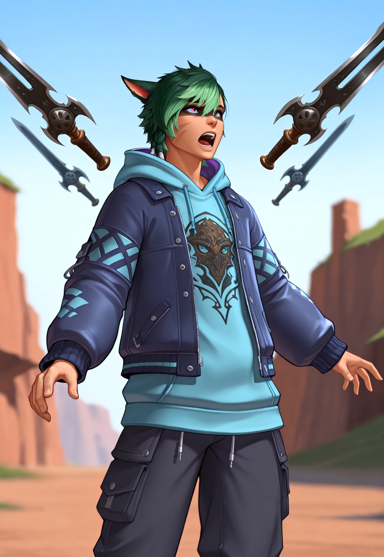 masterpiece, very aesthetic, KrhisT1A, green hair, solo, hood, animal ears, 1boy, weapon, outdoors, depth of field, short hair, miqo'te, floating weapon, jacket, cat ears, blurry background, sky, pants, blue jacket, day, open mouth, hoodie, facepaint, srinxi