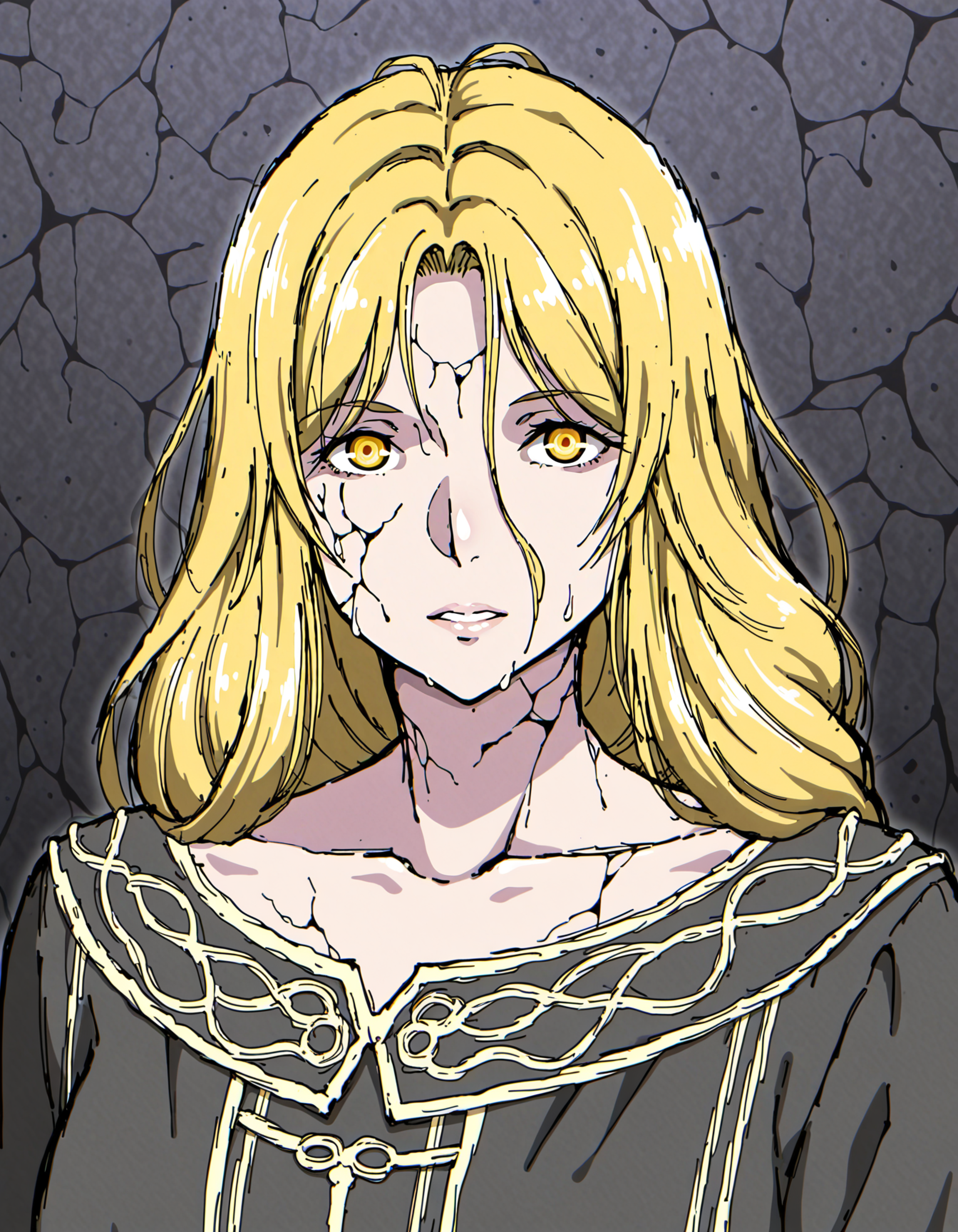 pugeartiststyleil, fabulous artwork, best quality, high resolution, beautiful eyes, detailed face, high detail,digital art,best quality, detailed cracked and broken skin, vibrant, highly detailed, award-winning, professional BREAK 1girl, queen marika \(elden ring\),