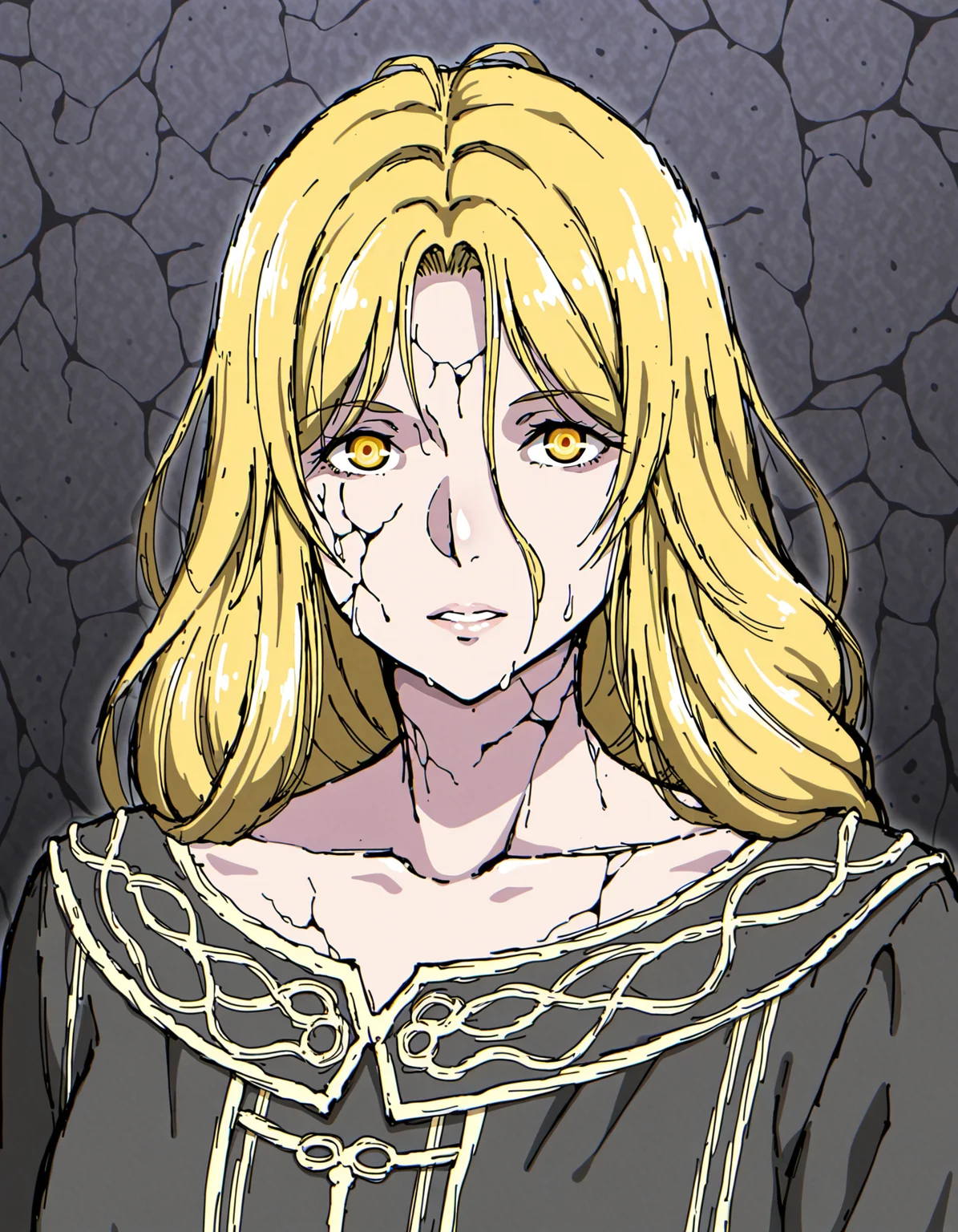 pugeartiststyleil, fabulous artwork, best quality, high resolution, beautiful eyes, detailed face, high detail,digital art,best quality, detailed cracked and broken skin, vibrant, highly detailed, award-winning, professional BREAK 1girl, queen marika \(elden ring\),