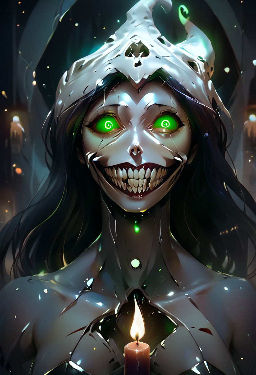 score_9, score_8_up, score_7_up,realistic,realistic style photo,cinematic light, film still,<lora:JuggerCineXL2:1.0>
rostran style, glowing, radiance, light art,horror (theme), eldritch abomination,detailed_eye_model
1girl, necromancer, undead, on her face there is a point where you can see her skull, solo,thin arms, narrow shoulders, petite, Black hair,wavy hair,glowing green eyes, cute, Kawaii,slim girl, Short,
 sharp teeth, evil grin, green sclera, glowing eyes,
Jed-Wtchc, witch outfit,  Pointed hat, black dress,  striped stockings, Side slit on the dress,
in a dungeon, stand on a giant werewolf skull, the skull is in the middle of a pentagram, candles, candle lights, green candle lights,