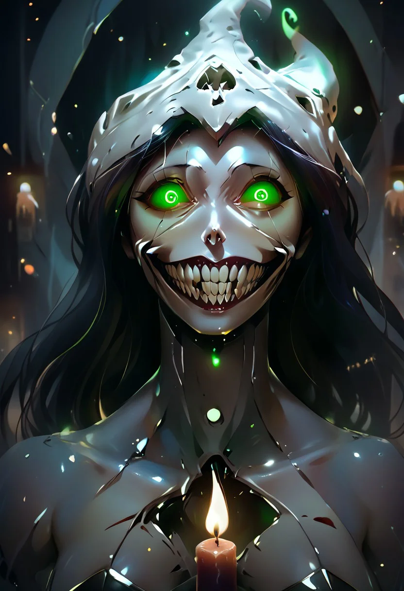 score_9, score_8_up, score_7_up,realistic,realistic style photo,cinematic light, film still,<lora:JuggerCineXL2:1.0>
rostran style, glowing, radiance, light art,horror (theme), eldritch abomination,detailed_eye_model
1girl, necromancer, undead, on her face there is a point where you can see her skull, solo,thin arms, narrow shoulders, petite, Black hair,wavy hair,glowing green eyes, cute, Kawaii,slim girl, Short,
sharp teeth, evil grin, green sclera, glowing eyes,
Jed-Wtchc, witch outfit, Pointed hat, black dress, striped stockings, Side slit on the dress,
in a dungeon, stand on a giant werewolf skull, the skull is in the middle of a pentagram, candles, candle lights, green candle lights,