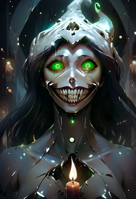 score_9, score_8_up, score_7_up,realistic,realistic style photo,cinematic light, film still,<lora:JuggerCineXL2:1.0>
rostran style, glowing, radiance, light art,horror (theme), eldritch abomination,detailed_eye_model
1girl, necromancer, undead, on her face there is a point where you can see her skull, solo,thin arms, narrow shoulders, petite, Black hair,wavy hair,glowing green eyes, cute, Kawaii,slim girl, Short,
sharp teeth, evil grin, green sclera, glowing eyes,
Jed-Wtchc, witch outfit, Pointed hat, black dress, striped stockings, Side slit on the dress,
in a dungeon, stand on a giant werewolf skull, the skull is in the middle of a pentagram, candles, candle lights, green candle lights,
