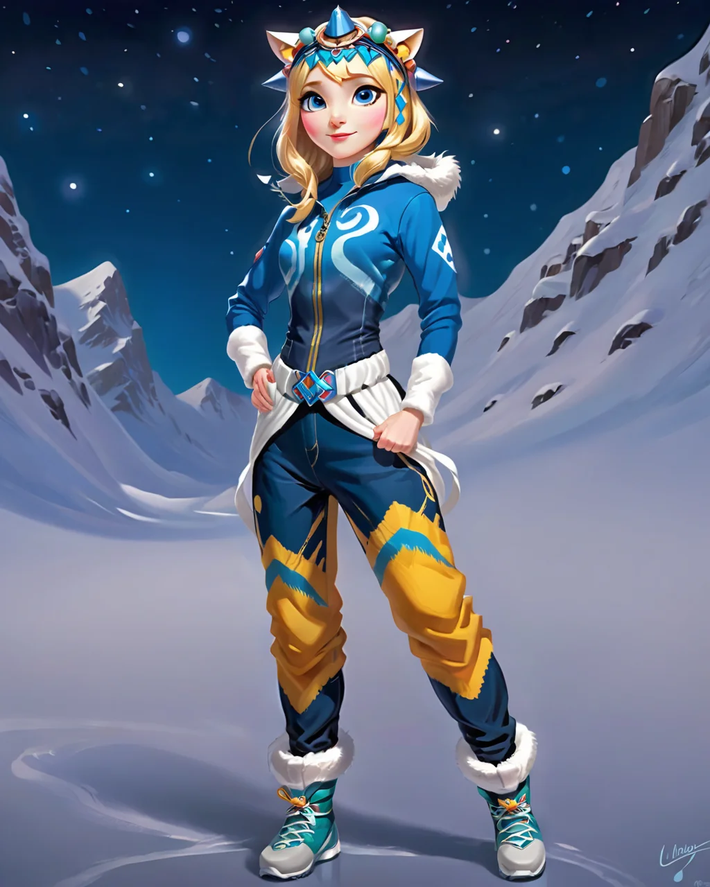 concept art, (Joy from Inside Out:1.1) , she is dressed in [Habesha kemis:Bootcut jeans:1], her Ski pants is exquisite and has Tiger accessories on it, pointe pose, near Longyearbyen, at Nighttime, Anime screencap, F/2.8, <lora:Moroccan_Headdress_Ait_Baamrane:0.8> beautiful, traditional, headdress