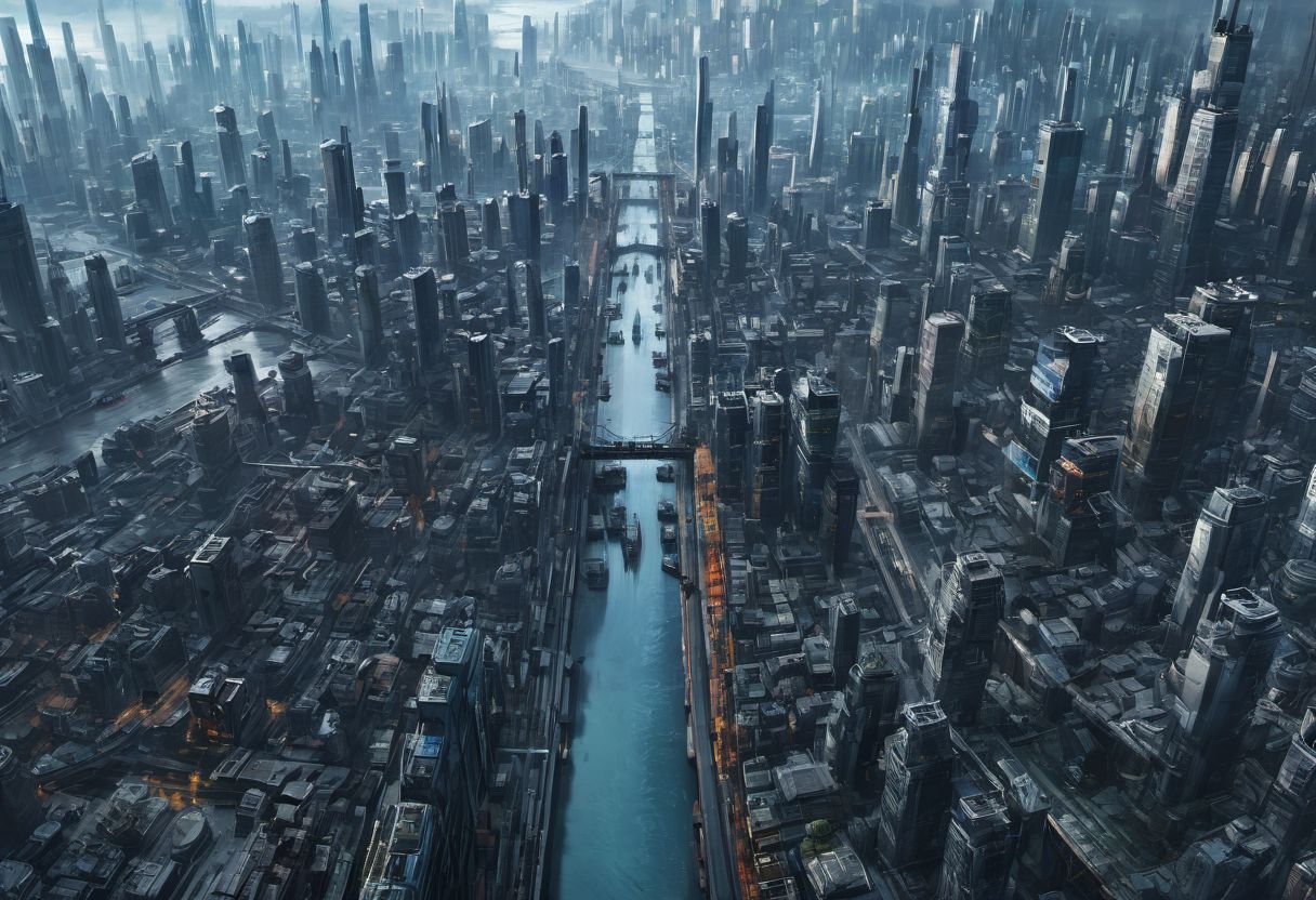 masterpiece, best quality, CITYSCAPE, river, docks, bridge, FUTURISTIC, BREATHTAKING, CYBERPUNK, (BIRD VIEW:1.5)