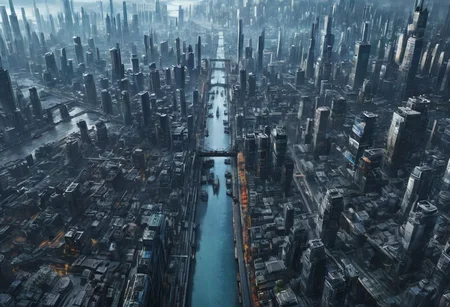 masterpiece, best quality, CITYSCAPE, river, docks, bridge, FUTURISTIC, BREATHTAKING, CYBERPUNK, (BIRD VIEW:1.5)