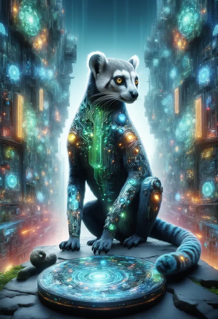 DonMQu4n7umZ3r0XL fusion of lemur,chameleon,Rajang,snow leopard,hydra , utopian city, urban landscaping,celestial body,urban wildlife,quantum tech, futuristic,circuit board,
<lora:DonMQu4n7umZ3r0XL-000006:0.8>,