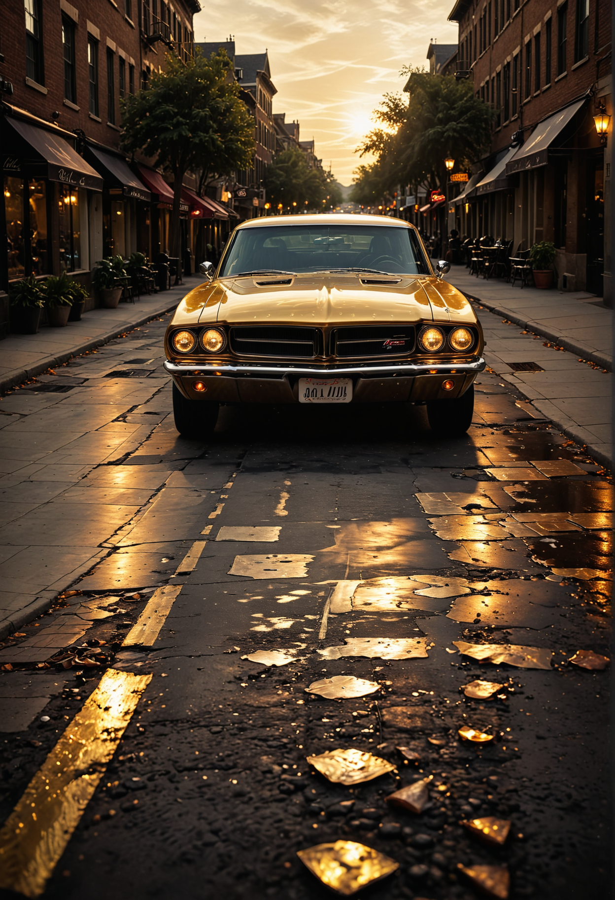 A nostalgically crafted relic of the past, a meticulously restored deep gold pearlescent classic 60's muscle car cruises through the dusk streets with an intimidating elegance. The vintage vehicle gleams with a lustrous sheen, showcasing its aerodynamic lines and sharp accents as it cruises along the asphalt. This evocative scene is captured in a vividly detailed oil painting, where every brushstroke highlights the car's classic styling and pristine condition. Impeccably rendered, this image transports viewers to a bygone era of automotive luxury and style.
OverallDetailXL <lora:SDXLFaeTastic2400:0.4> <lora:DetailMaximizer:0.55> detailmaximizer  <lora:SecretLab:0.8> secretlab
